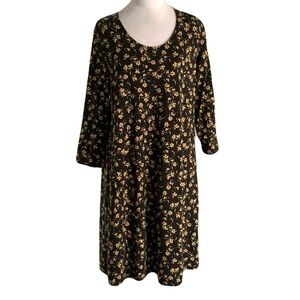 NWT Garnet Hill Black Large Dress Yellow Floral Design Long Sleeve Casual Dress